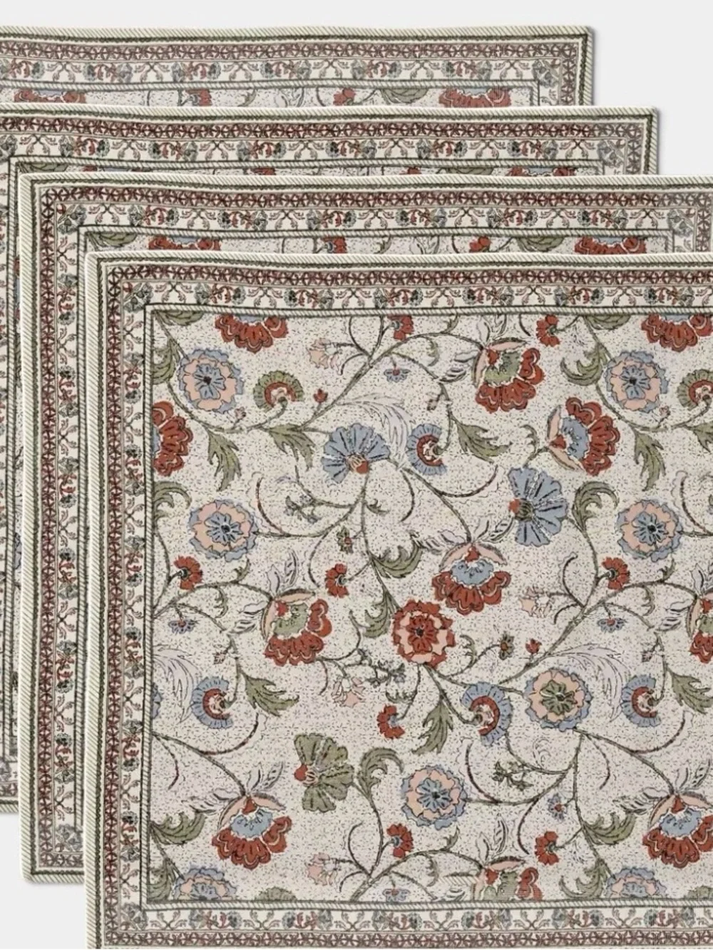 Floral Block Print Dinner Napkins in Cream, Red and Green